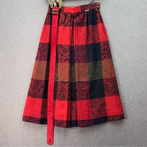 Geiger Vintage Women’s Floral Paisley Pleated Plaid Skirt with Belt Size 36